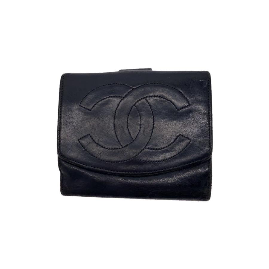 CHANEL◇スレ有/3つ折り財布/レザー/BLK/無地/レディース/A01427