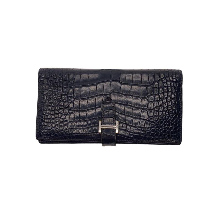 HERMES◇ベアン/スフレ/クロコ/F刻印/レザー/BLK/レディース