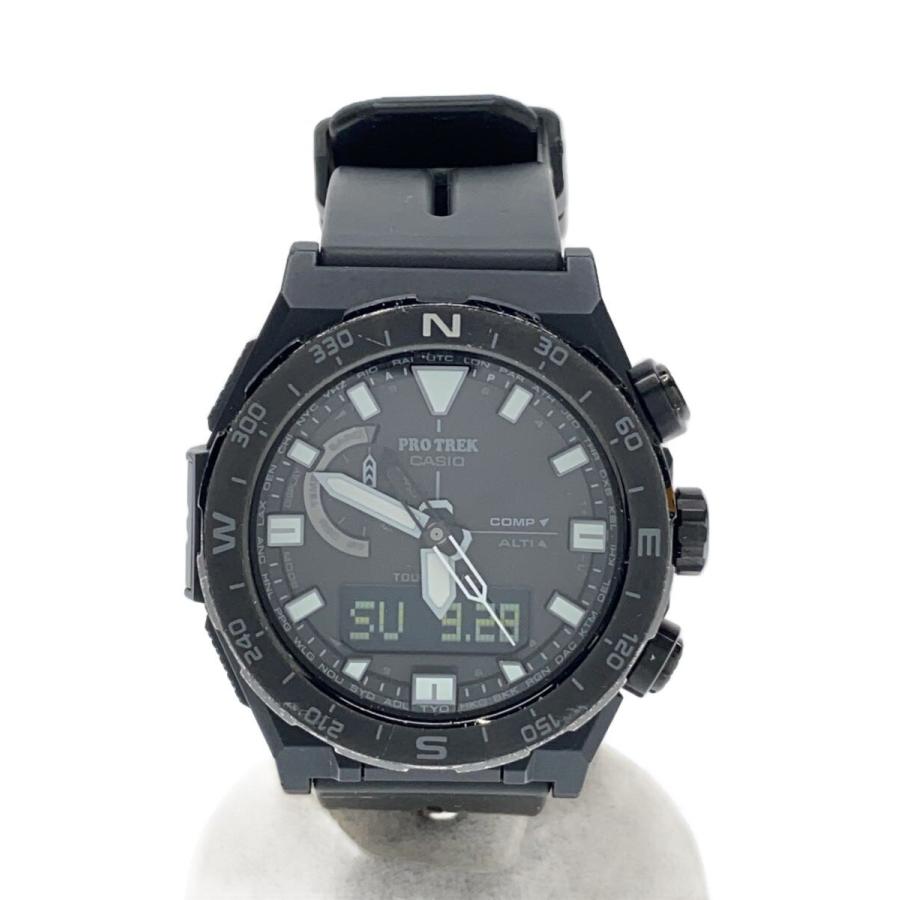 CASIO◇電波時計/ソーラー腕時計/デジアナ/ラバー/BLK/PRW-6800Y-1JF