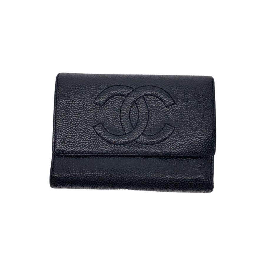 CHANEL◇3ツ折サイフ_レザー_ココマーク_BLK/レザー/BLK/レディース