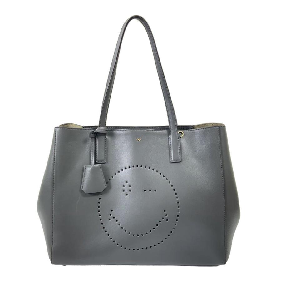 ANYA HINDMARCH◇スマイリー/レザートートバッグ/革/GRY ANYA HINDMARCH◇スマイリー/レザートートバッグ/革/GRY