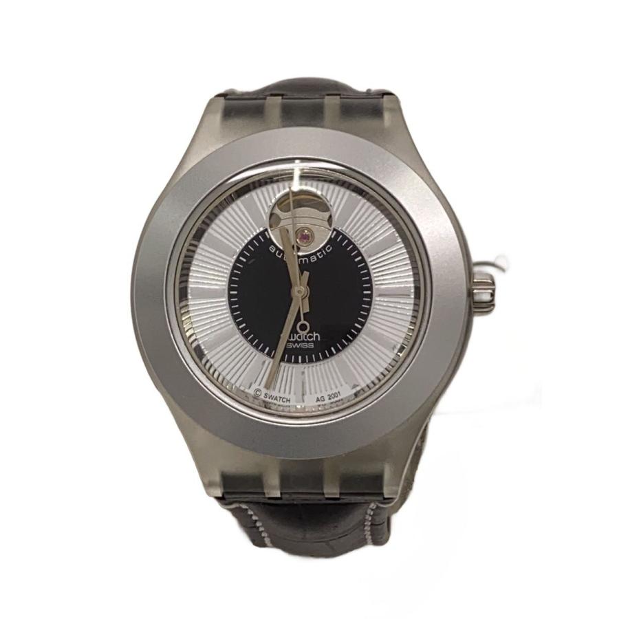 SWATCH◇自動巻腕時計/アナログ/レザー/SLV/BLK/ag2001// : セカンド