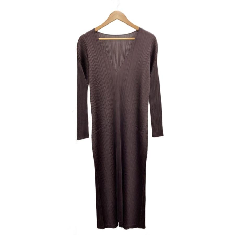 PLEATS PLEASE ISSEY MIYAKE◇長袖ワンピース/3/ポリエステル/BRD/無地