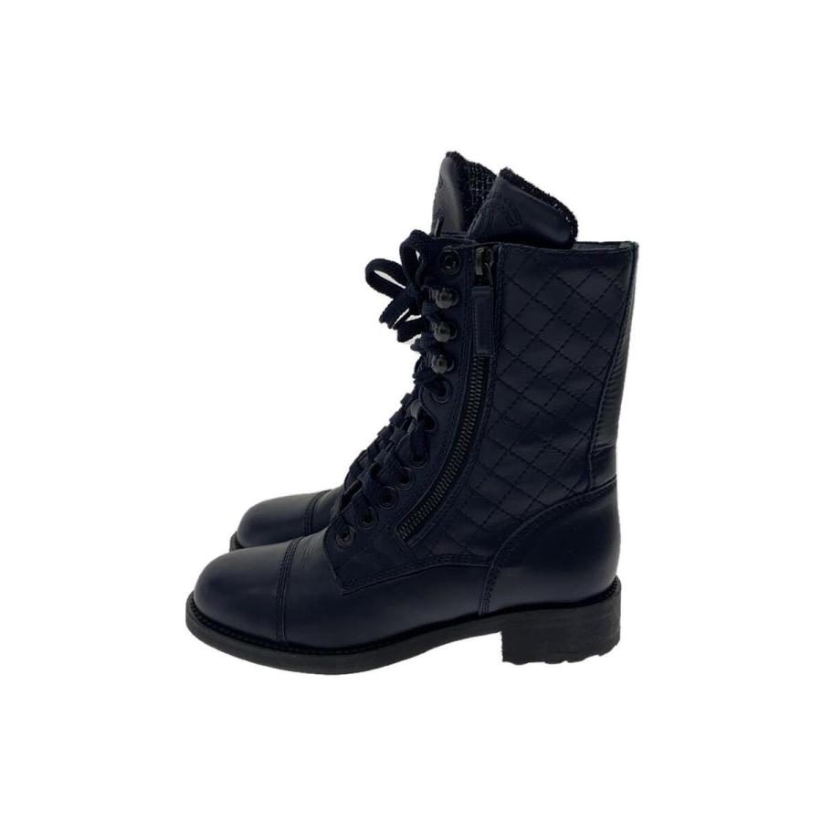 CHANEL◇キルティングサイドジップ/レースアップブーツ/35/BLK/レザー