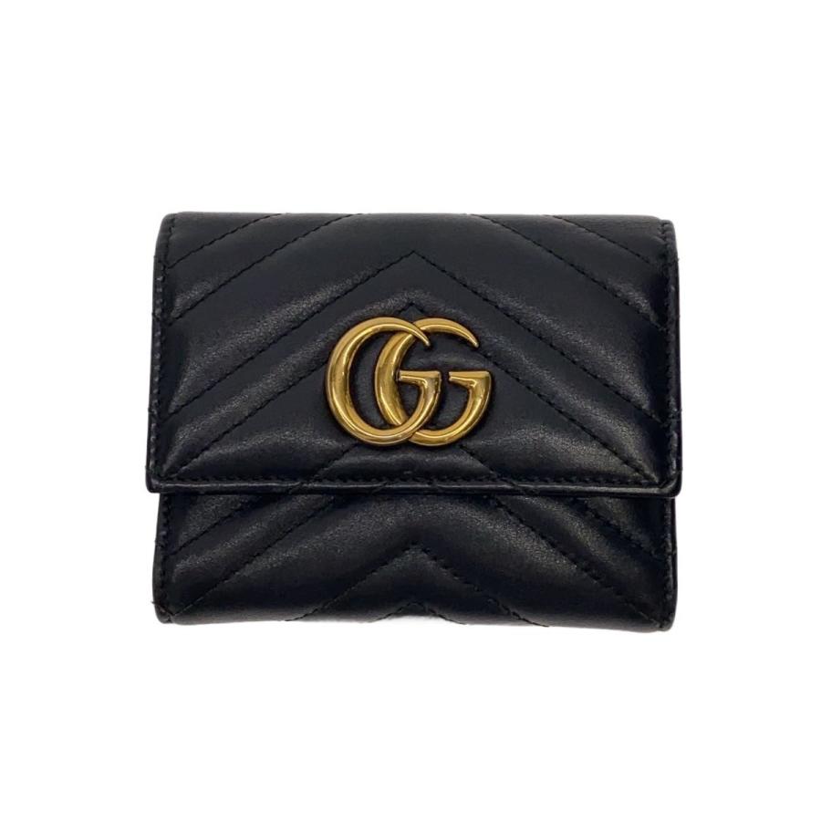 GUCCI◇3つ折り財布_GGマーモント/レザー/BLK/レディース : セカンド