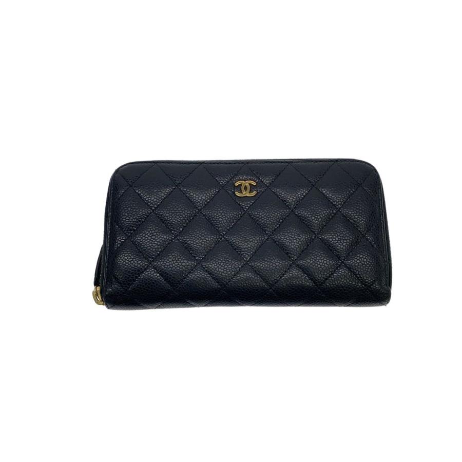 CHANEL◇長財布/レザー/BLK/無地/レディース/マトラッセ/キャビア 