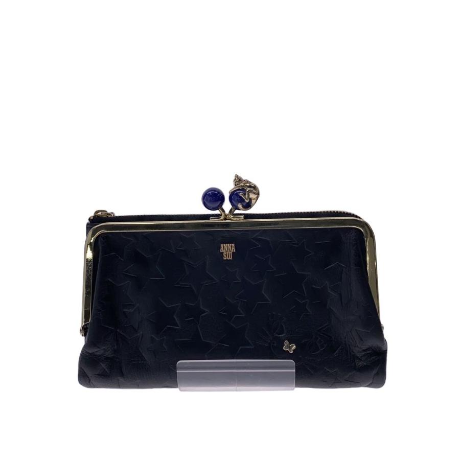 ANNA SUI◇プレイングキャット/がま口/星柄型押し/長財布/レザー/BLK