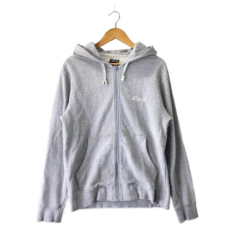 STUSSY◇ジップパーカー/L/コットン/グレー/ワンポイント刺繍ロゴ
