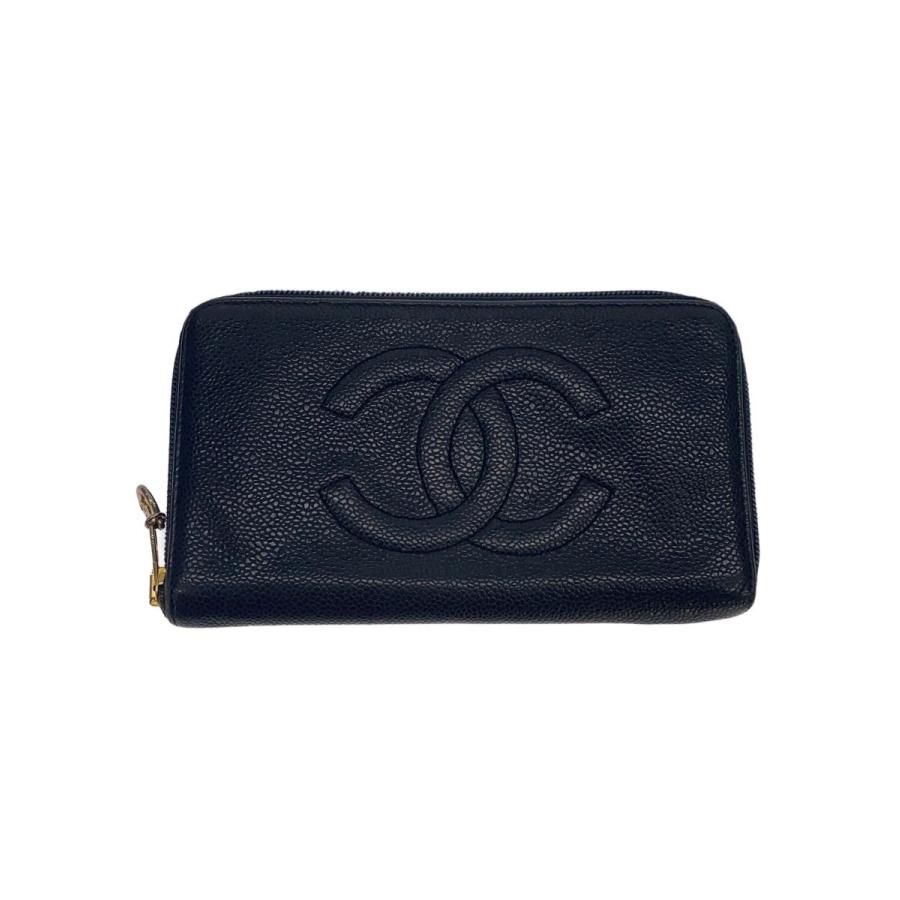 CHANEL◇長財布/キャビアスキン/ラウンドファスナー/PVC/BLK 