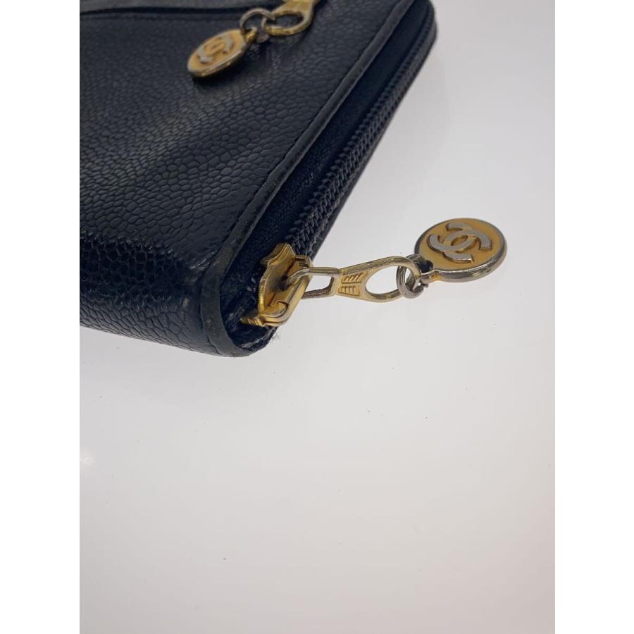 CHANEL◇長財布/キャビアスキン/ラウンドファスナー/PVC/BLK
