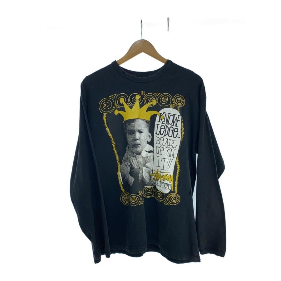 STUSSY◇00s/キッズクラウン/プリント/長袖Tシャツ/L/コットン/BLK