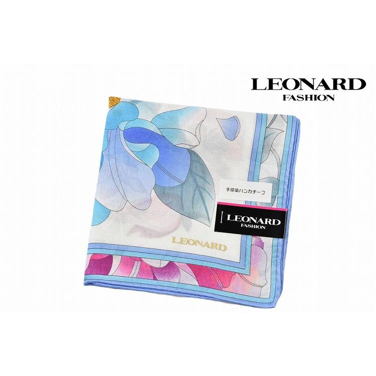 レオナール 大判 ハンカチ レディース 1枚 ブランド LEONARD シルク混 フラワー ライン プリント ライト ブルー ホワイト 女性