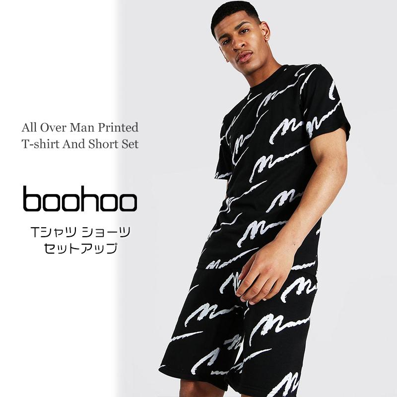 ブーフー Boohoo 上下セット Tシャツ ハーフパンツ セットアップ ブラック 黒 All Over Man Printed 半袖 オールプリント おしゃれ メンズ ブランド イギリス As 感謝価格