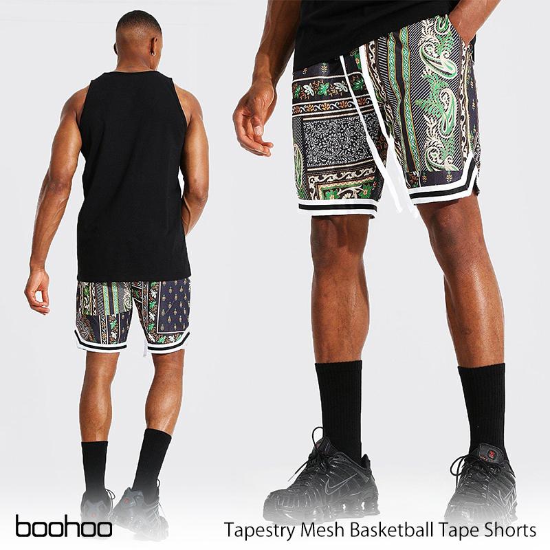 ブーフー boohoo バスケットボールショーツ ハーフパンツ オーバーサイズ Tapestry Mesh Basketball Tape