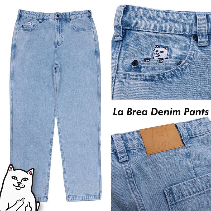 リップンディップ RIPNDIP デニム パンツ ジーンズ La Brea Denim Pants ライトブルー 太め かわいい ネコ
