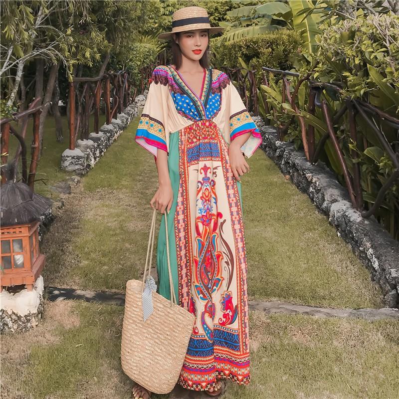 リゾートワンピース Vネック ビーチ リゾート タイ 民族風 ロング丈 マキシワンピース 五分袖 ギャザー入り ウエストゴム 夏新作 エスニック 総柄 ワンピース Chutn Sssヤフーショップ 通販 Yahoo ショッピング