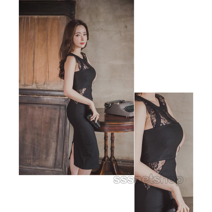 ワンピース レディース タイトワンピ 丸首 レース ノースリーブ