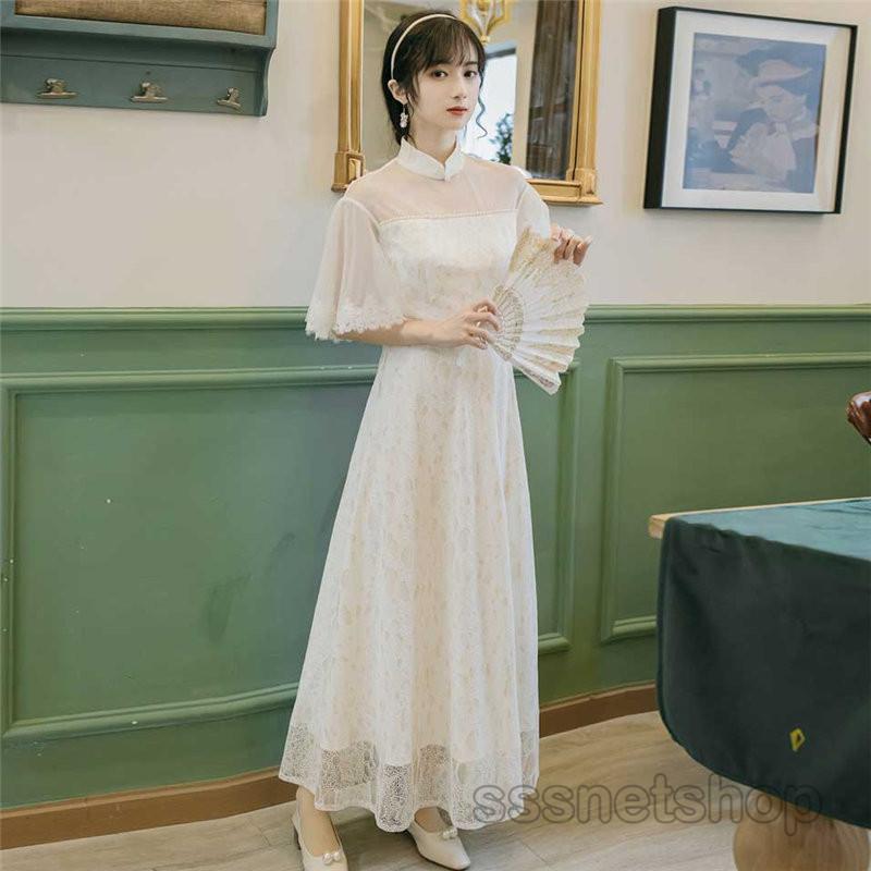 Sssnetshop ワンピース レディース 立ち襟 半袖 フリル袖 レース チュール 着痩せ ハイウエスト ロングワンピース 薄手 レトロ 新作 チャイナドレス 上品 買取り実績