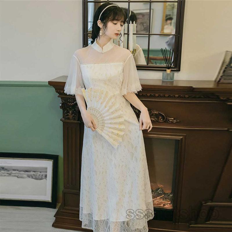 Sssnetshop ワンピース レディース 立ち襟 半袖 フリル袖 レース チュール 着痩せ ハイウエスト ロングワンピース 薄手 レトロ 新作 チャイナドレス 上品 買取り実績