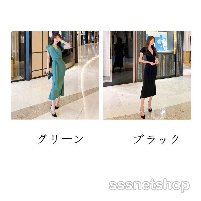 sssnetshop】ワンピース レディース Vネック 半袖 着痩せ ロング 