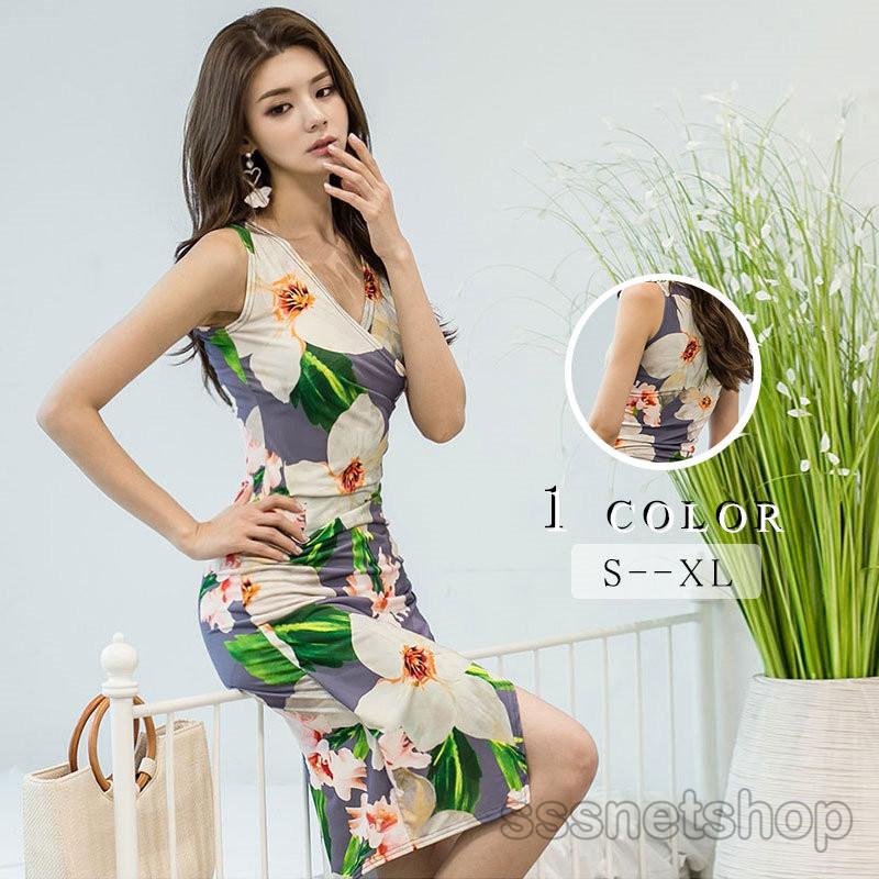 Sssnetshop ワンピース レディース 花柄 新作 ノースリーブ ｖネック 不規則 カジュアル エレガンス 膝丈 お出かけ オトナ女子 美シルエット スリム Chutn Sssヤフーショップ 通販 Yahoo ショッピング