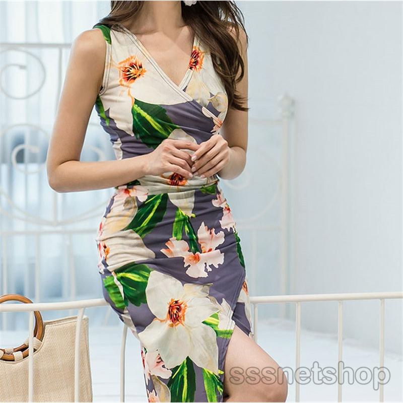 Sssnetshop ワンピース レディース 花柄 新作 ノースリーブ ｖネック 不規則 カジュアル エレガンス 膝丈 お出かけ オトナ女子 美シルエット スリム Chutn Sssヤフーショップ 通販 Yahoo ショッピング