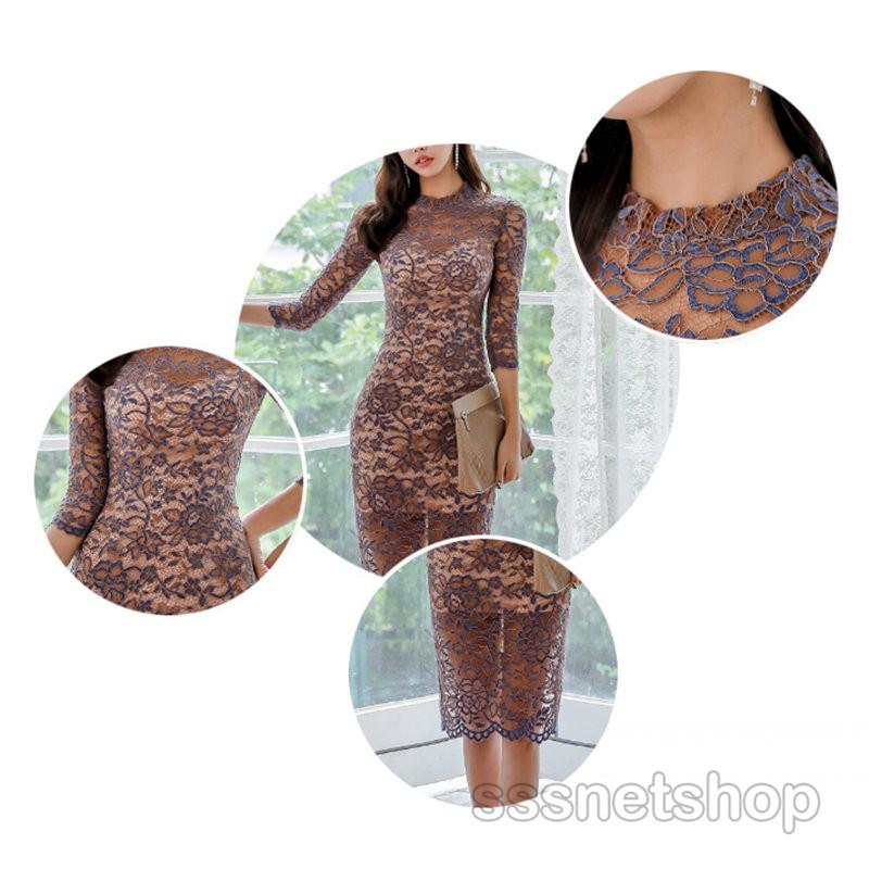 Sssnetshop ワンピース レディース クルーネック 七分袖 レース スリット ハイウエスト ヒップラップ 着痩せ 膝丈ワンピース 上品 ファッション エレガント 超熱