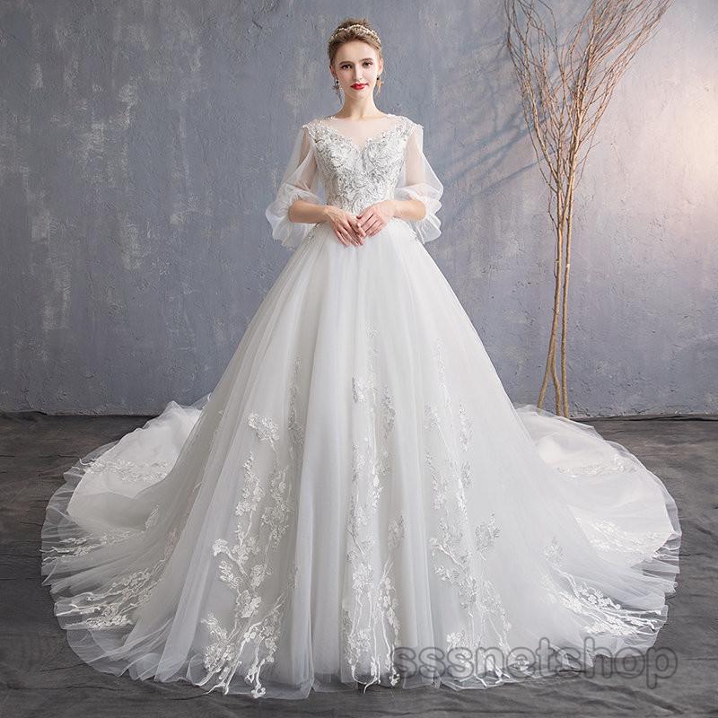 日本産 ウェディングドレス 袖あり 白ドレス 花嫁ドレス プリンセスドレス トレーンライン 結婚式 フォーマル ナイトドレス ブライダル 発表会 演奏会 Sssnetshop 最安 Gogo123 Com Tw