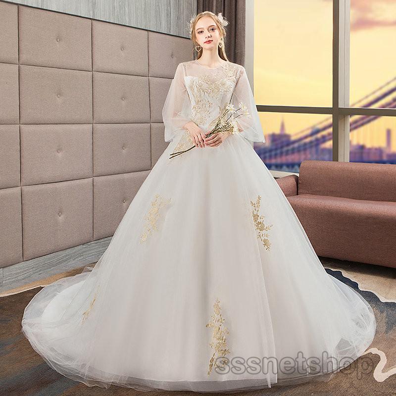 7672円 ランキングtop10 ウェディングドレス 袖あり 花嫁ドレス 背中あき パーティードレス トレーンライン 結婚式 フォーマルドレス ナイト ドレス 披露宴 発表会 演奏会