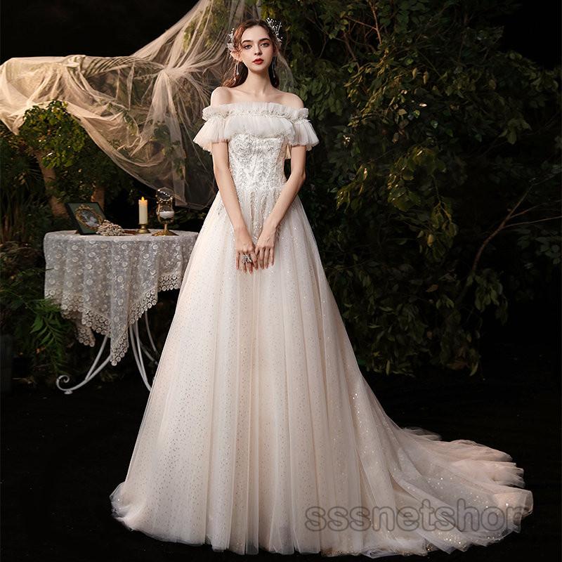 ウェディングドレス 花嫁ドレス オフショルダー 二次会 トレーンライン プリンセスドレス パーティードレス 挙式 演奏会 披露宴 新作 30 Off