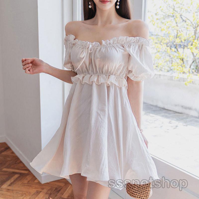 Sssnetshop ワンピース レディース 肩露出し フリル袖 半袖 膝丈ワンピース 無地 透け感 夏ワンピ ファッション きれいめ 人気 上品 韓国風 通勤 お出かけ Chutn Sssヤフーショップ 通販 Yahoo ショッピング