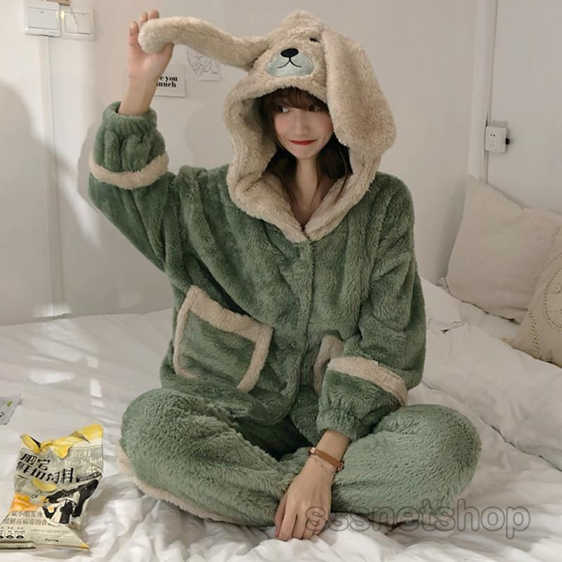 2点パジャマ フランネル ルームウェア レディース 秋冬 暖かい パジャマ 長袖 ロングパンツ 兎耳付き フード付き 可愛い 部屋着 前開き モフモフ Sssnetshop Chutn Sssヤフーショップ 通販 Yahoo ショッピング