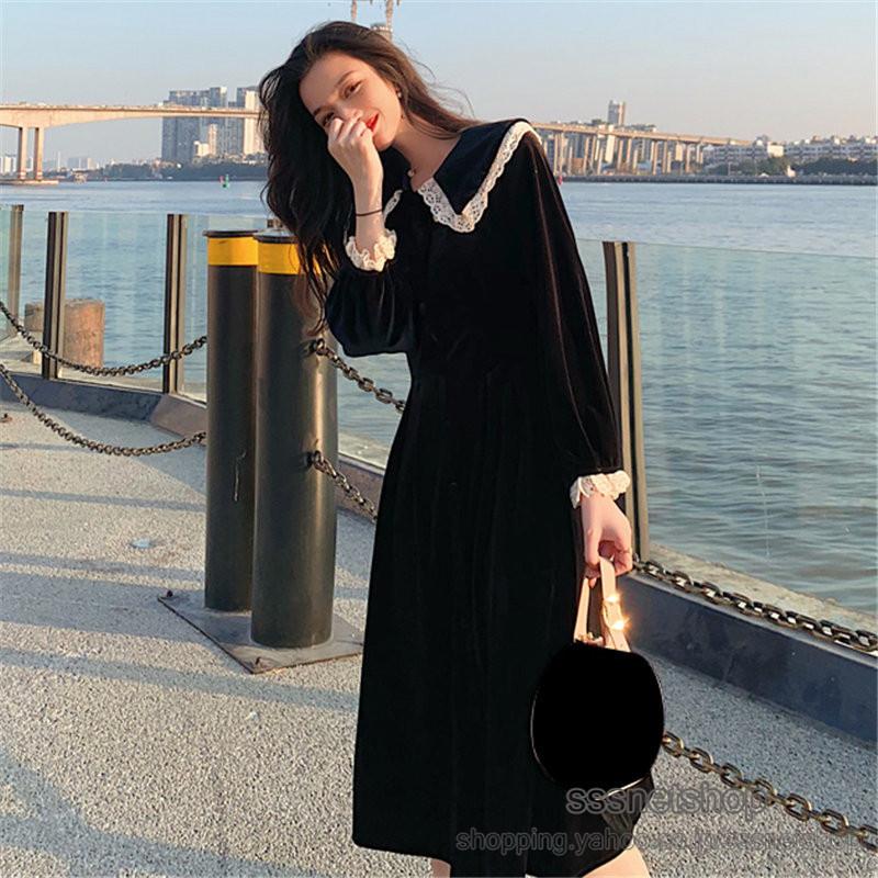 ワンピース レディース ベルベットワンピース 長袖 ロング丈 折り襟 レース フレンチスタイル レトロ お嬢様風 ファッション お出かけ 21新作 Sssnetshop Chutn Sssヤフーショップ 通販 Yahoo ショッピング