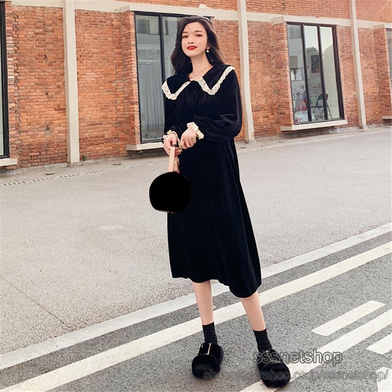 ワンピース レディース ベルベットワンピース 長袖 ロング丈 折り襟 レース フレンチスタイル レトロ お嬢様風 ファッション お出かけ 21新作 Sssnetshop Chutn Sssヤフーショップ 通販 Yahoo ショッピング
