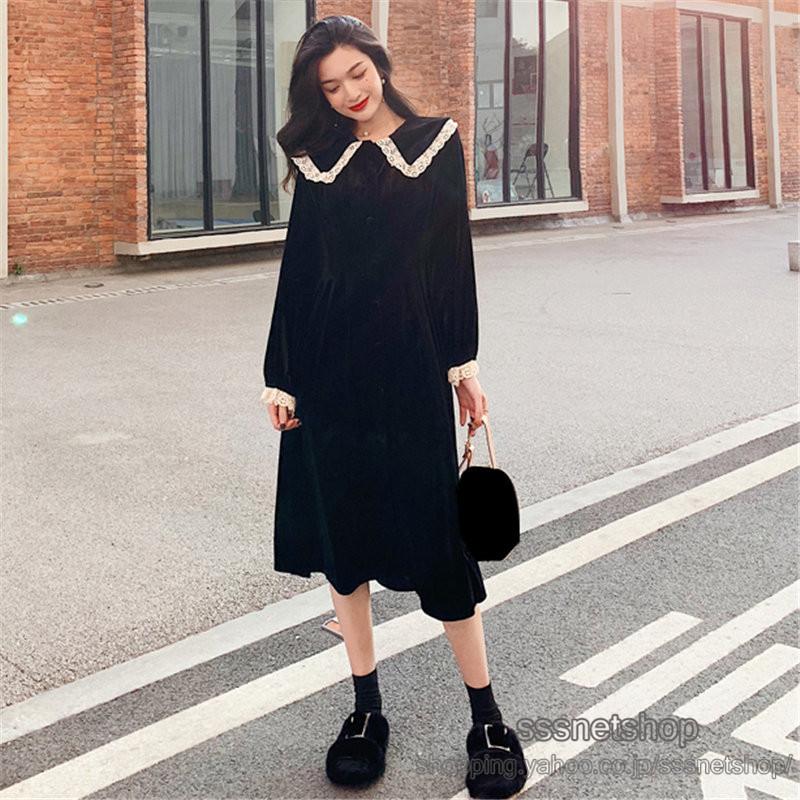 ワンピース レディース ベルベットワンピース 長袖 ロング丈 折り襟 レース フレンチスタイル レトロ お嬢様風 ファッション お出かけ 21新作 Sssnetshop Chutn Sssヤフーショップ 通販 Yahoo ショッピング