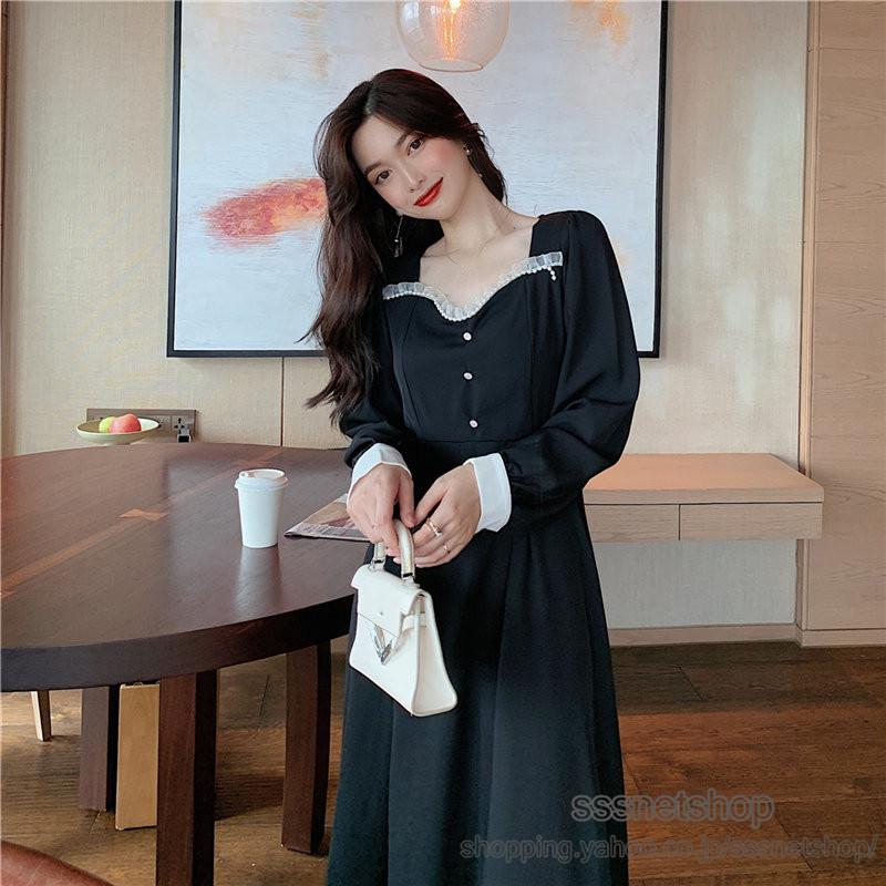 ワンピース レディース スクエアネック ロング丈 通勤 ファッション 長袖 レース 着痩せ レトロ 切り替え フレンチスタイル フェミニン 大人気 Sssnetshop 2年保証