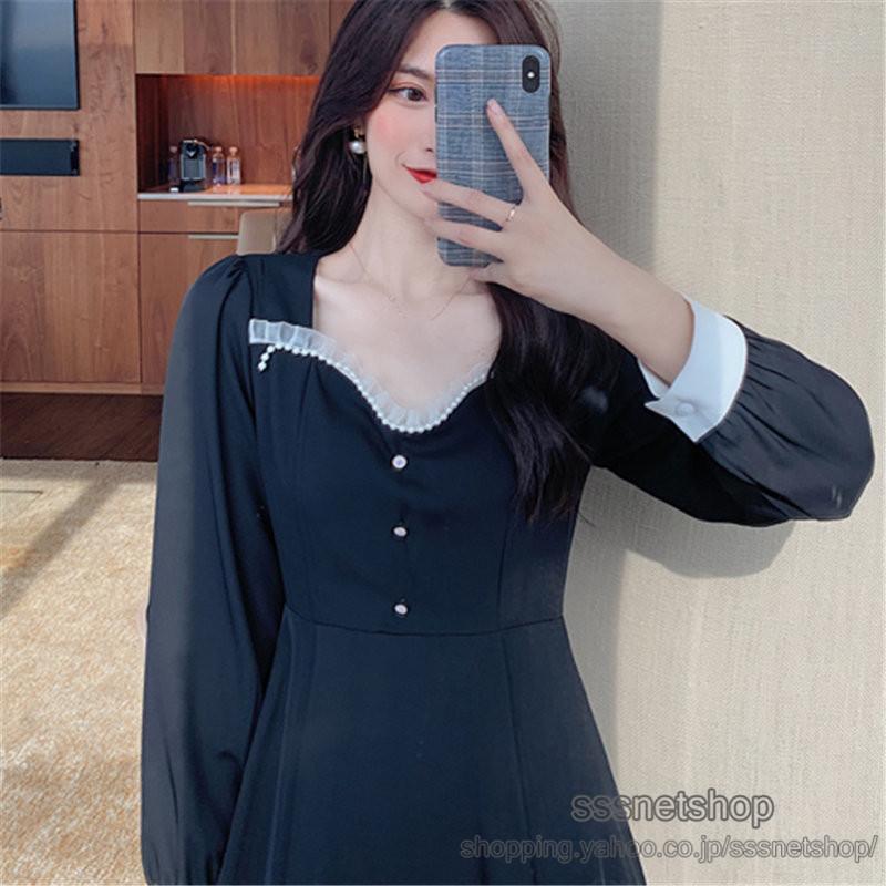 ワンピース レディース スクエアネック ロング丈 通勤 ファッション 長袖 レース 着痩せ レトロ 切り替え フレンチスタイル フェミニン 大人気 Sssnetshop 2年保証