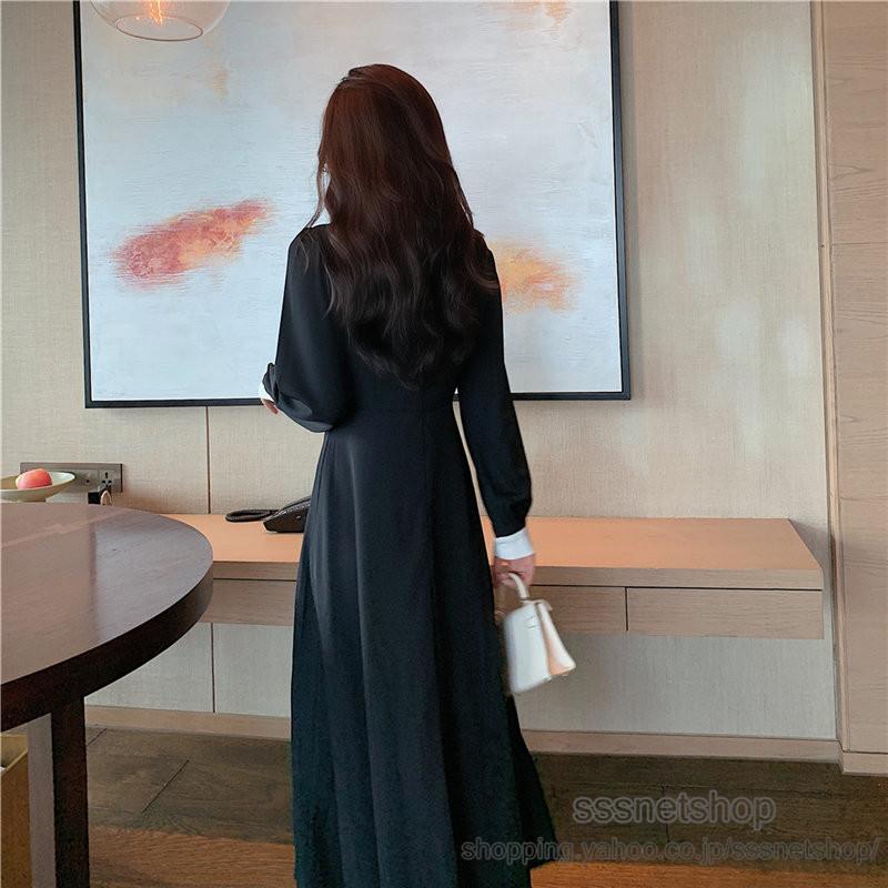 ワンピース レディース スクエアネック ロング丈 通勤 ファッション 長袖 レース 着痩せ レトロ 切り替え フレンチスタイル フェミニン 大人気 Sssnetshop 2年保証