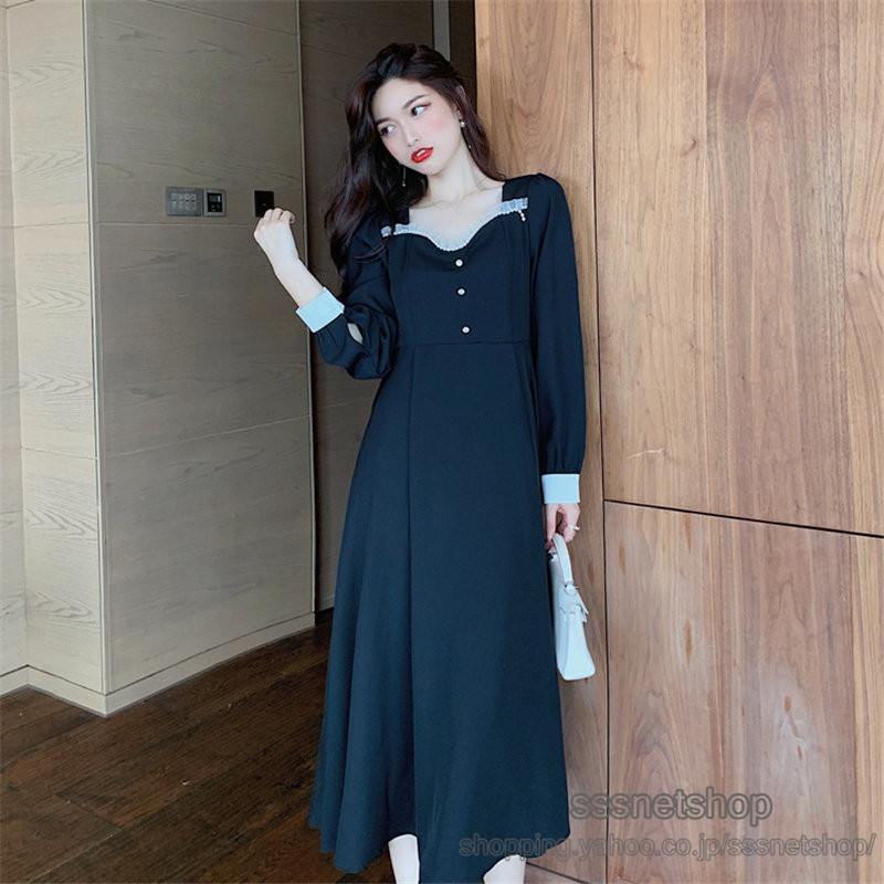 ワンピース レディース スクエアネック ロング丈 通勤 ファッション 長袖 レース 着痩せ レトロ 切り替え フレンチスタイル フェミニン 大人気 Sssnetshop 2年保証
