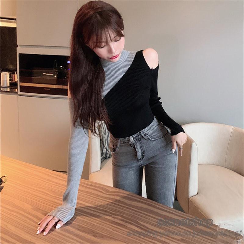 ブラウス トップス レディース 立ち襟 スリム ニットシャツ 長袖 春服 肩出し オシャレ バイカラー シンプル デイリー 同窓会 ファッション Sssnetshop Chutn Sssヤフーショップ 通販 Yahoo ショッピング