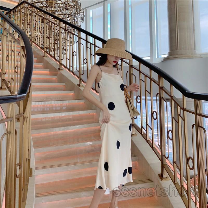 キャミワンピース マーメイドワンピース 細身 着痩せ ドット柄 Vネック フレア スカート お洒落 タイトスワンピース ロング丈 キャミ リゾートワンピ 最適な価格