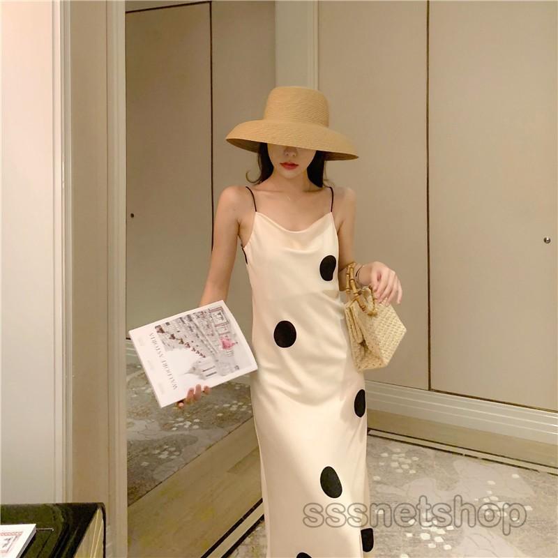 キャミワンピース マーメイドワンピース 細身 着痩せ ドット柄 Vネック フレア スカート お洒落 タイトスワンピース ロング丈 キャミ リゾートワンピ 最適な価格