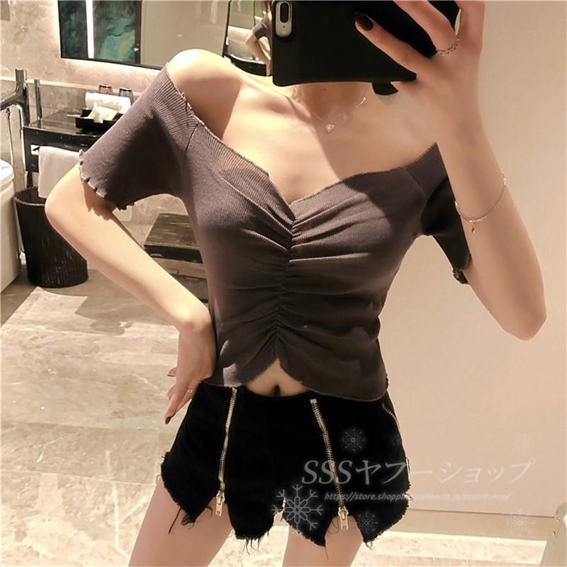 ニットトップス 半袖 春夏 細見え スリムフィット オフ