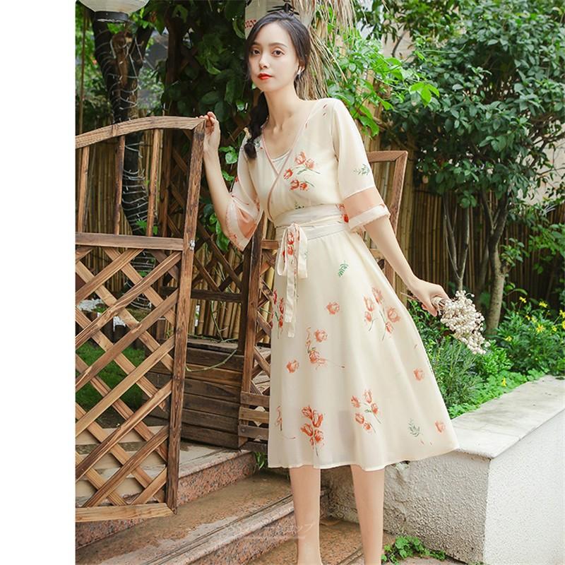 ワンピース チャイナ風ワンピース 3点セット チャイナ風ドレス 花柄ワンピース 中華服 5分袖 Vネック ミモレ丈ワンピース ラップ風 中華コスプレ衣装 Chutn Sssヤフーショップ 通販 Yahoo ショッピング