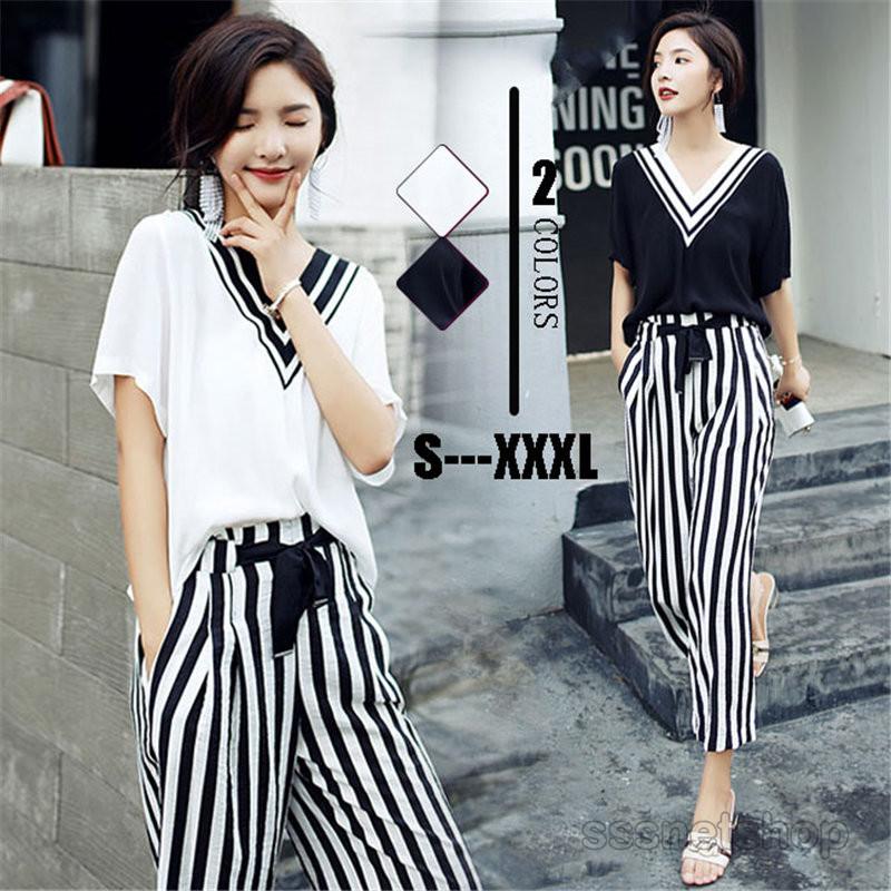 セット 上下セット レディース ガウチョパンツ シャツ 半袖 五分袖 無地 ストライプ レディース ｖネック ハイウエスト カジュアル 春まで着られる リラックス感 Chutn Sssヤフーショップ 通販 Yahoo ショッピング