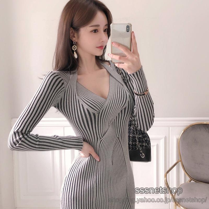 ワンピース 膝丈 レディース 長袖 ニットワンピ ｖネック エレガント セレブ風 スプリット レトロ セクシー 優雅 オシャレ 着痩せ フェミニン Sssnetshop Chutn Sssヤフーショップ 通販 Yahoo ショッピング