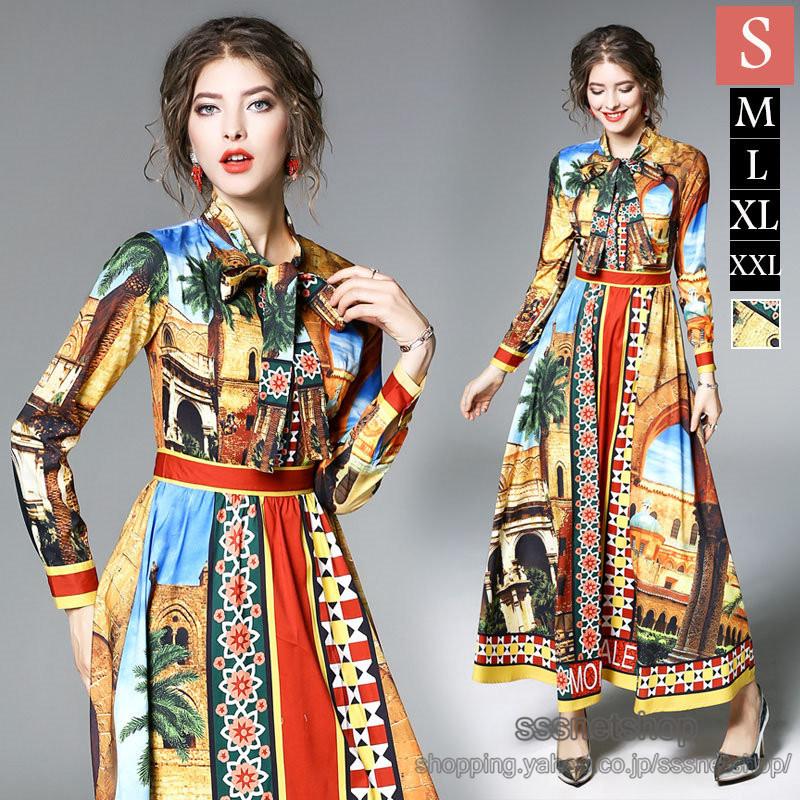 長袖ワンピース レディース エキゾチック 丸首 リボン ロングワンピース ハイウエスト キレイめ ファッション おしゃれ お出かけ 旅行 Sssnetshop Chutn Sssヤフーショップ 通販 Yahoo ショッピング