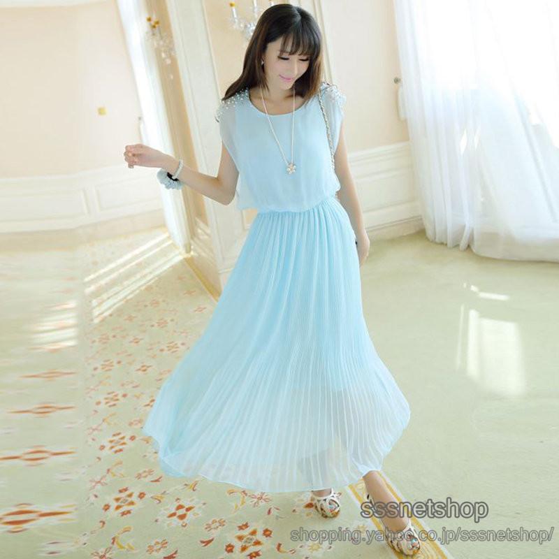 ワンピース ノースリーブ マキシワンピース 丸首 シフォン 無地