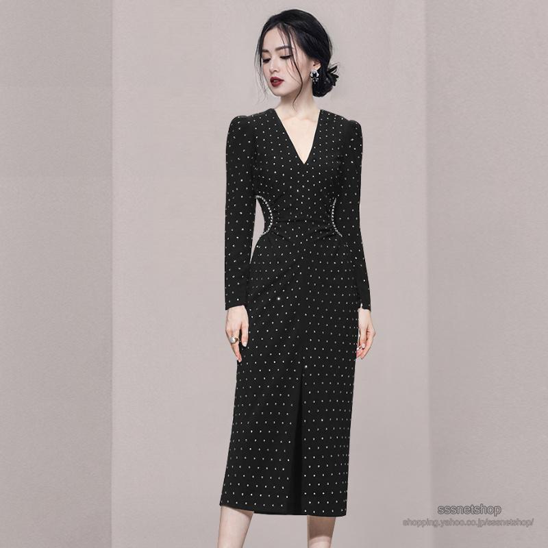 ワンピース ワンピース レディース マキシワンピース きれいめ 春秋物 長袖 ハイウエスト Vネック パーティー 通勤着 婚活 結婚式 代30代40代 Sssnetshop 信頼