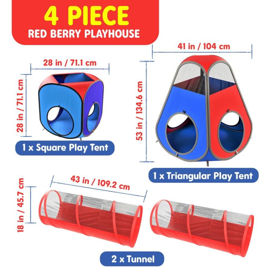 Playz 4pc Pop Up Children Play Tent w/ 2 Crawl Tunnel & 2 Tents ー Kids Play｜st-3｜03